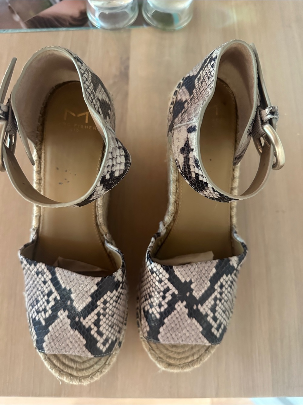 Marc Fisher Snake-Print Espadrille Wedge Sandals in Beige and Black